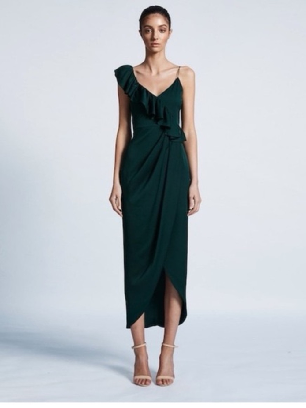 Shona Joy Dark Green One-Shoulder Ruffle Midi Dress